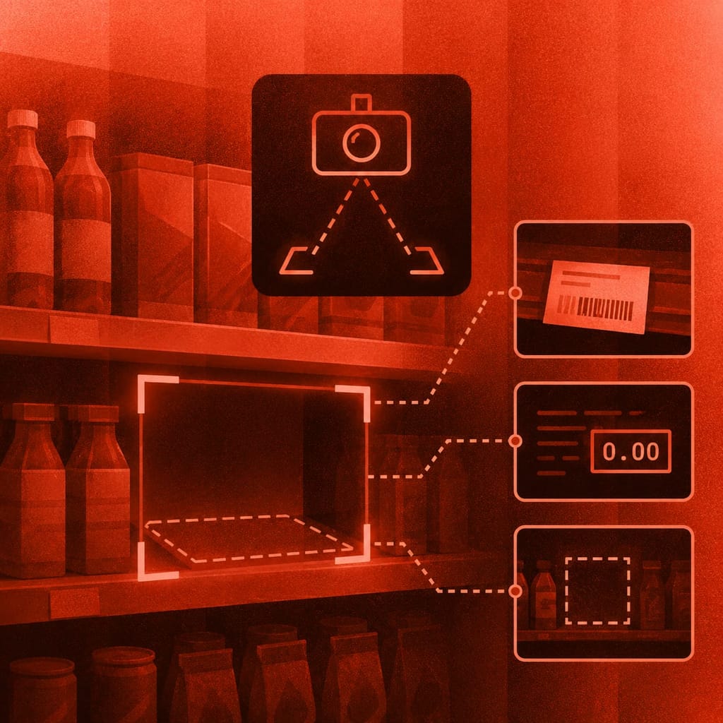 Which price label belongs to the empty shelf gap? Geometry answers, OCR proves it.