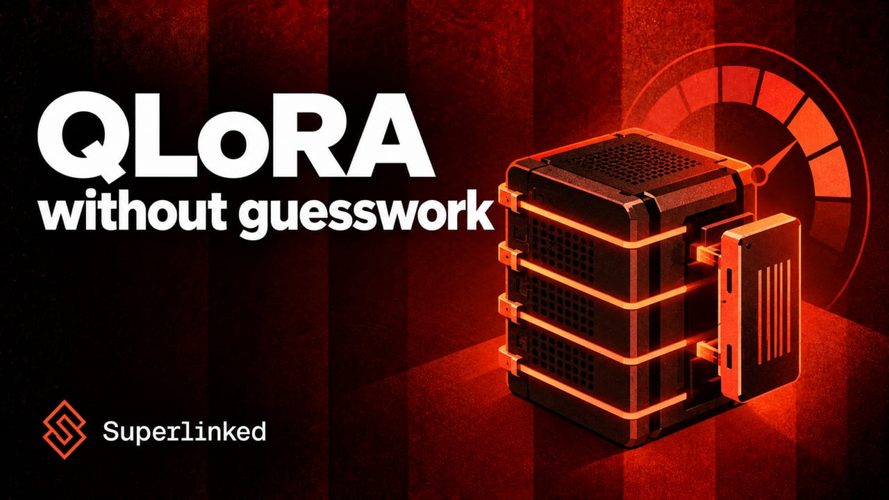 QLoRA model block with compression bands, an adapter and an evaluation gauge