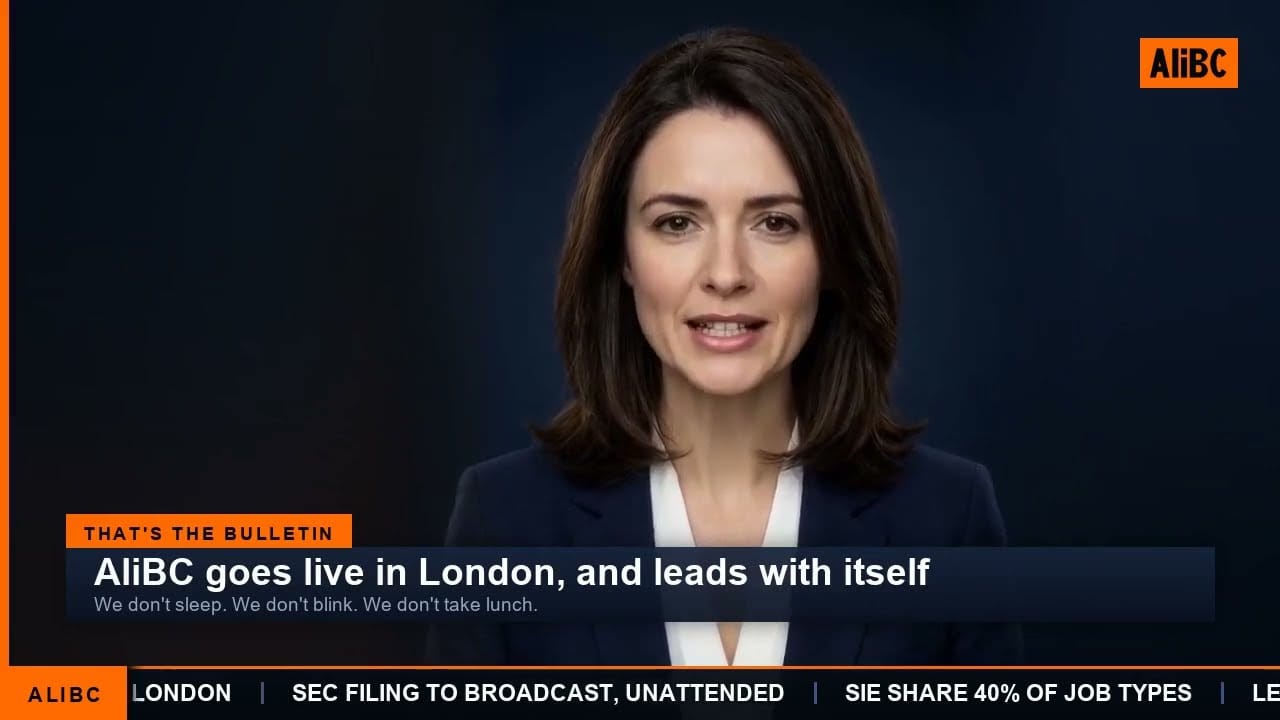 AliBC broadcast still, an autonomous news anchor presenting the channel's own launch