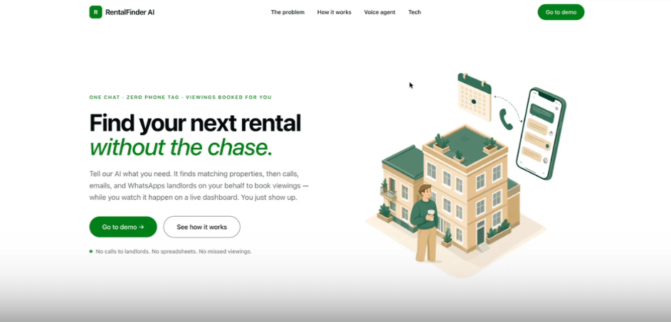 RentalFinder AI landing page, find your next rental without the chase