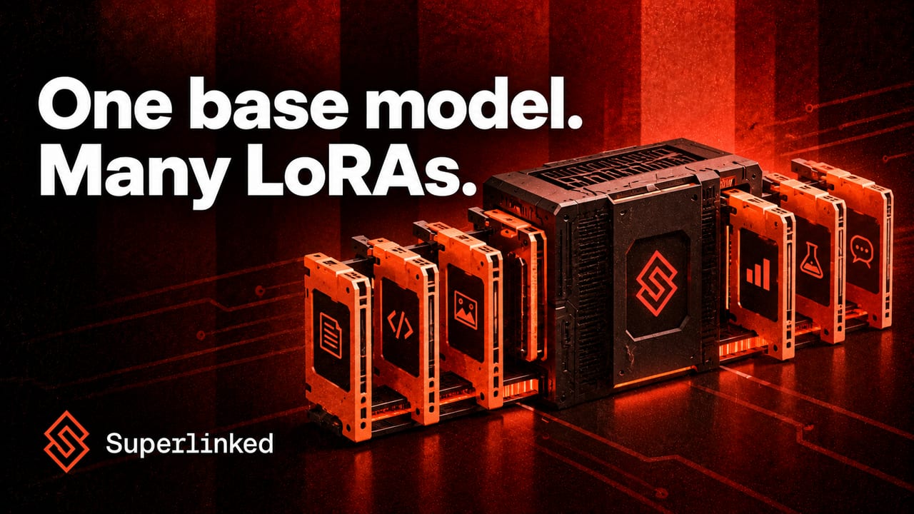 One shared base model connected to several LoRA adapter cartridges