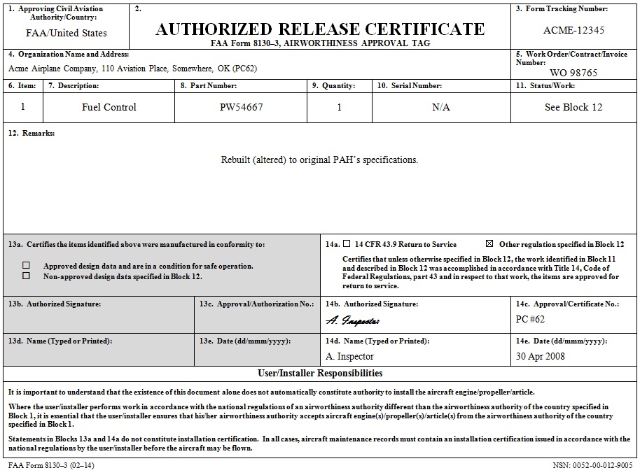 FAA Form 8130-3 release certificate, rebuilt fuel control