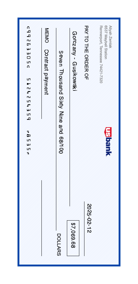 Bank check scanned sideways: Aliyah Zemlak, 6537 Maybell Station, Rennerport, Tennessee; pay to Gorczany - Gusikowski $7,069.68; bank-code line routing number 99263305, account 5124254359, check number 8535.