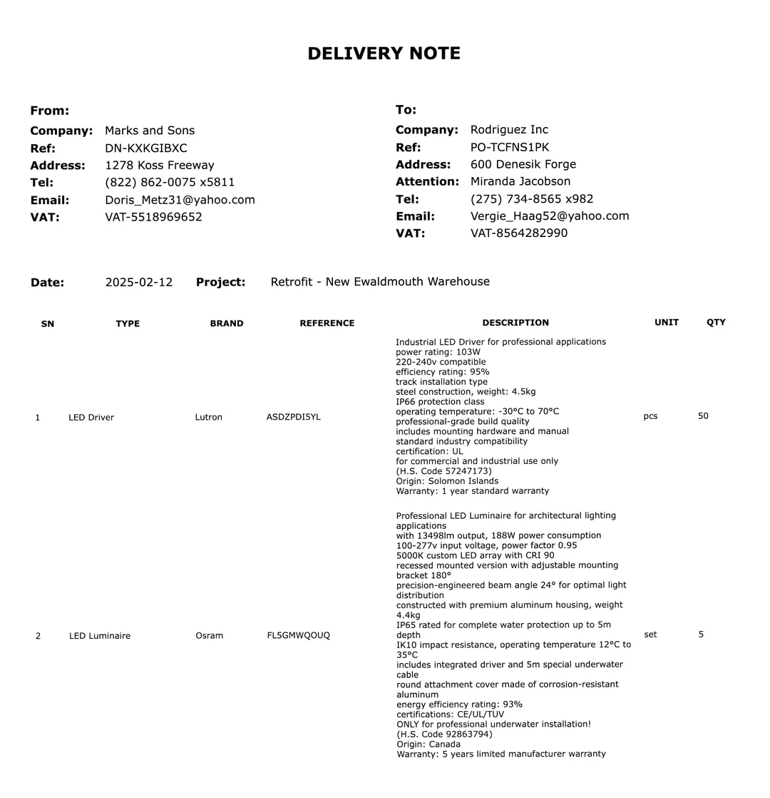 The delivery note sent with this request: 2 line items with their reference, brand, quantity and description.