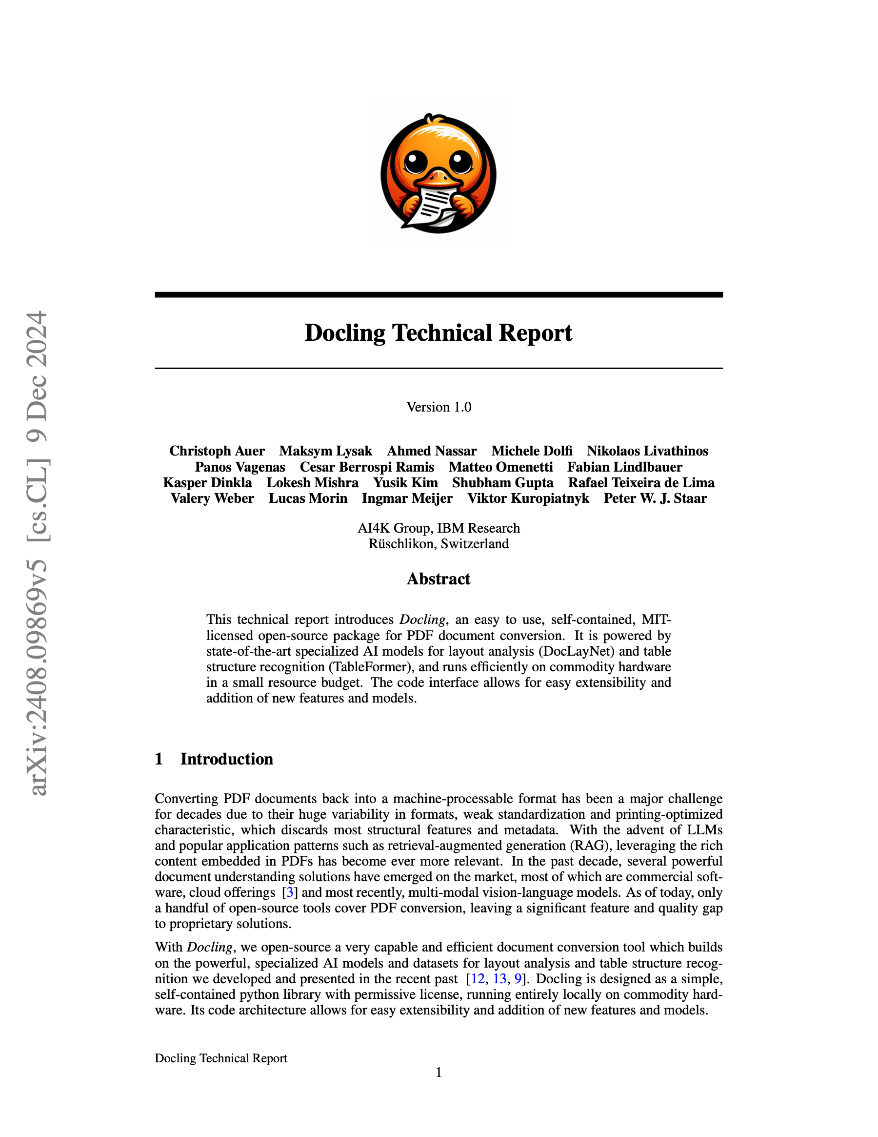 First page of the two-column Docling technical report
