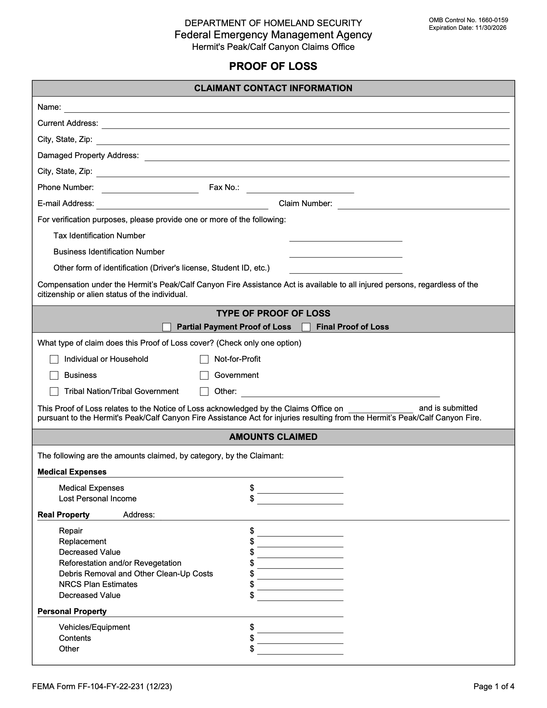 FEMA proof of loss form with sections, fields, and checkboxes