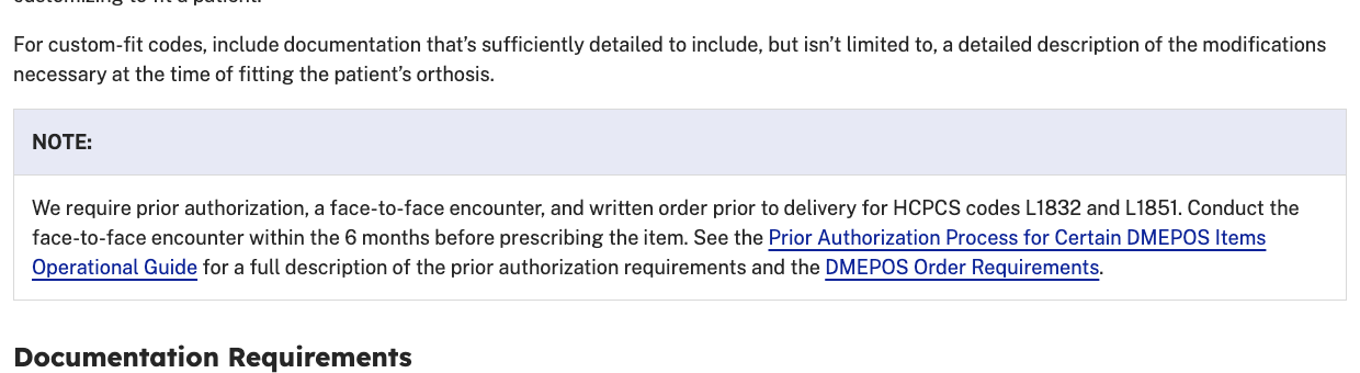 CMS lower limb orthoses page stating the six-month face-to-face encounter requirement