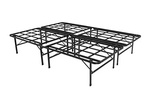A black metal platform bed frame with a grid of slats and folding legs