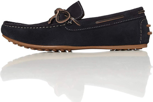 Dark blue boat shoe with a brown sole