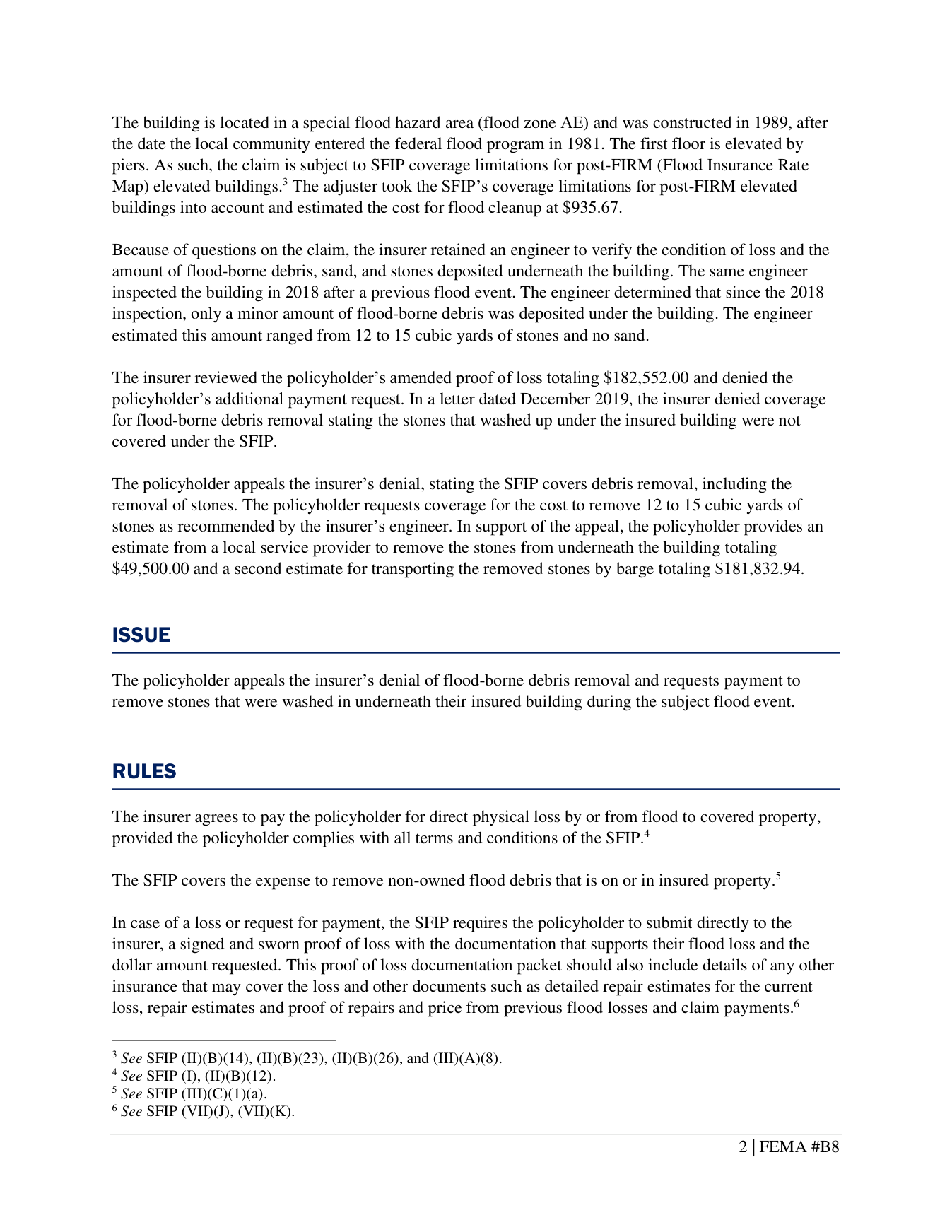 Page two of FEMA Flood Insurance Appeal Decision B8 describing the proof of loss and two debris-removal estimates
