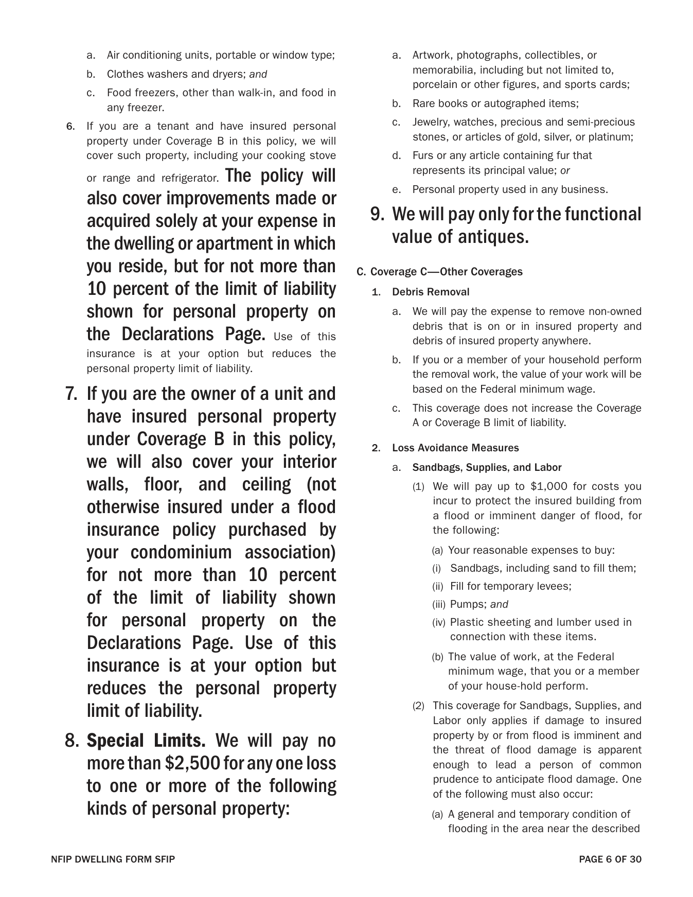 Page six of the Standard Flood Insurance Policy Dwelling Form stating its debris-removal coverage