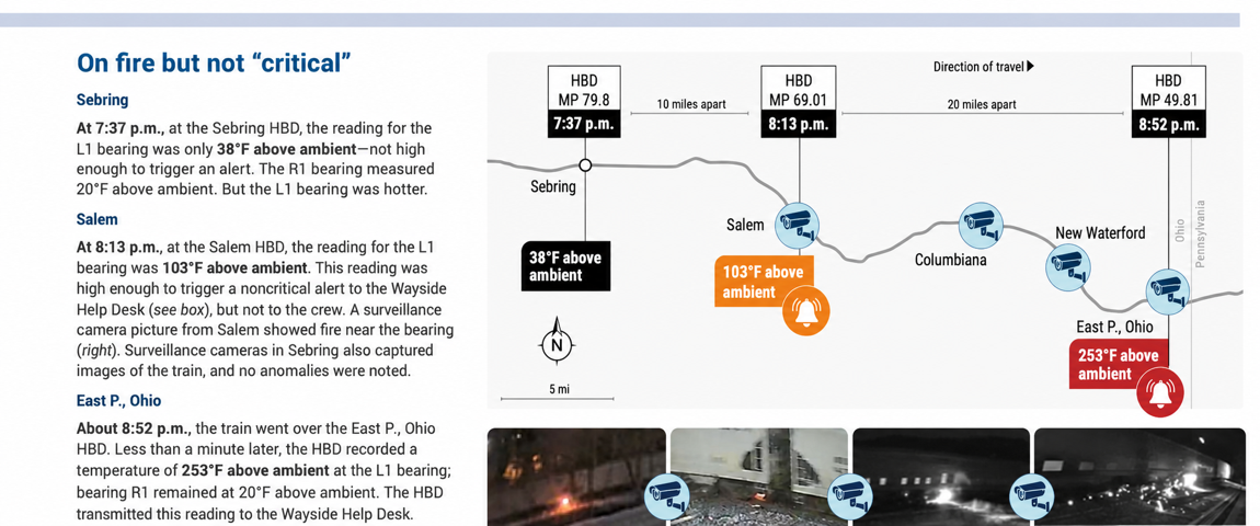 NTSB illustrated digest spread with detector readings, map and surveillance images