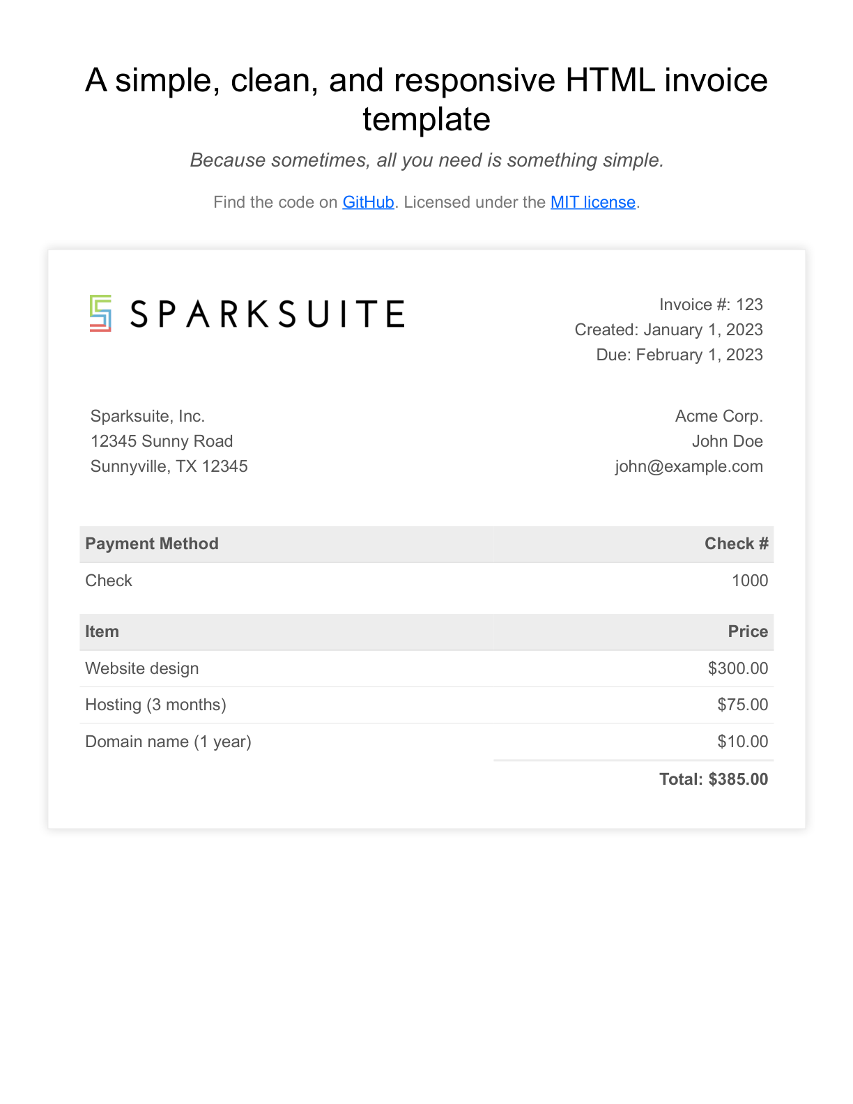 Invoice with customer, line items, and total