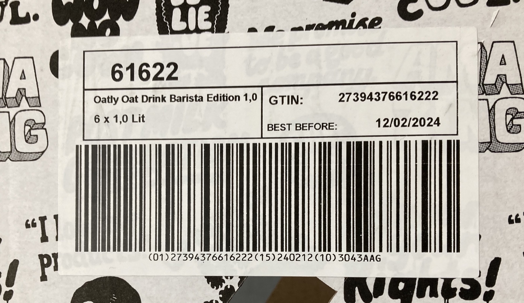 Product label with GTIN, best-before date, and batch number