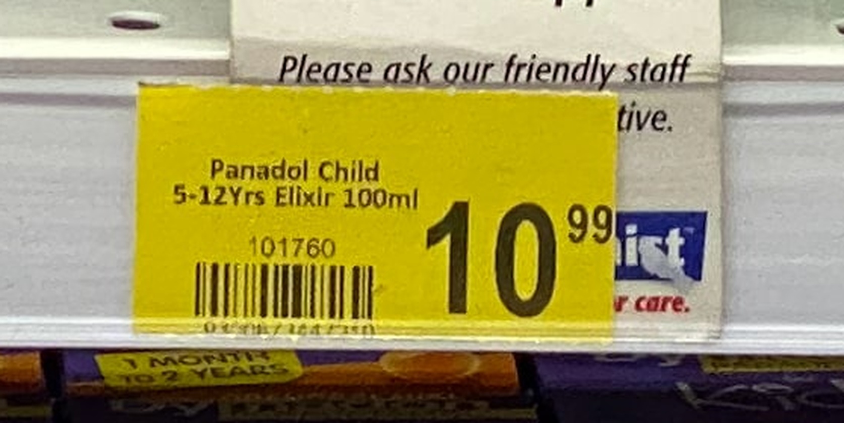 Close crop of the Panadol shelf label below the empty facing