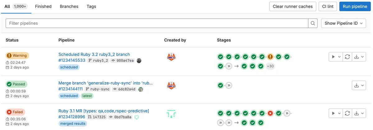 GitLab CI/CD pipeline list with three pipeline rows